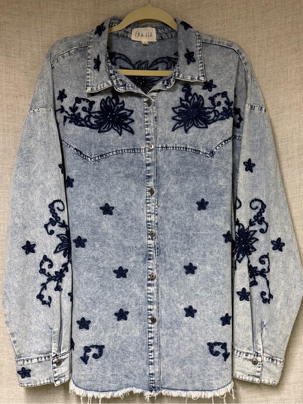 Oli & Hali Light Blue Denim Jacket with Navy Floral Embroidery